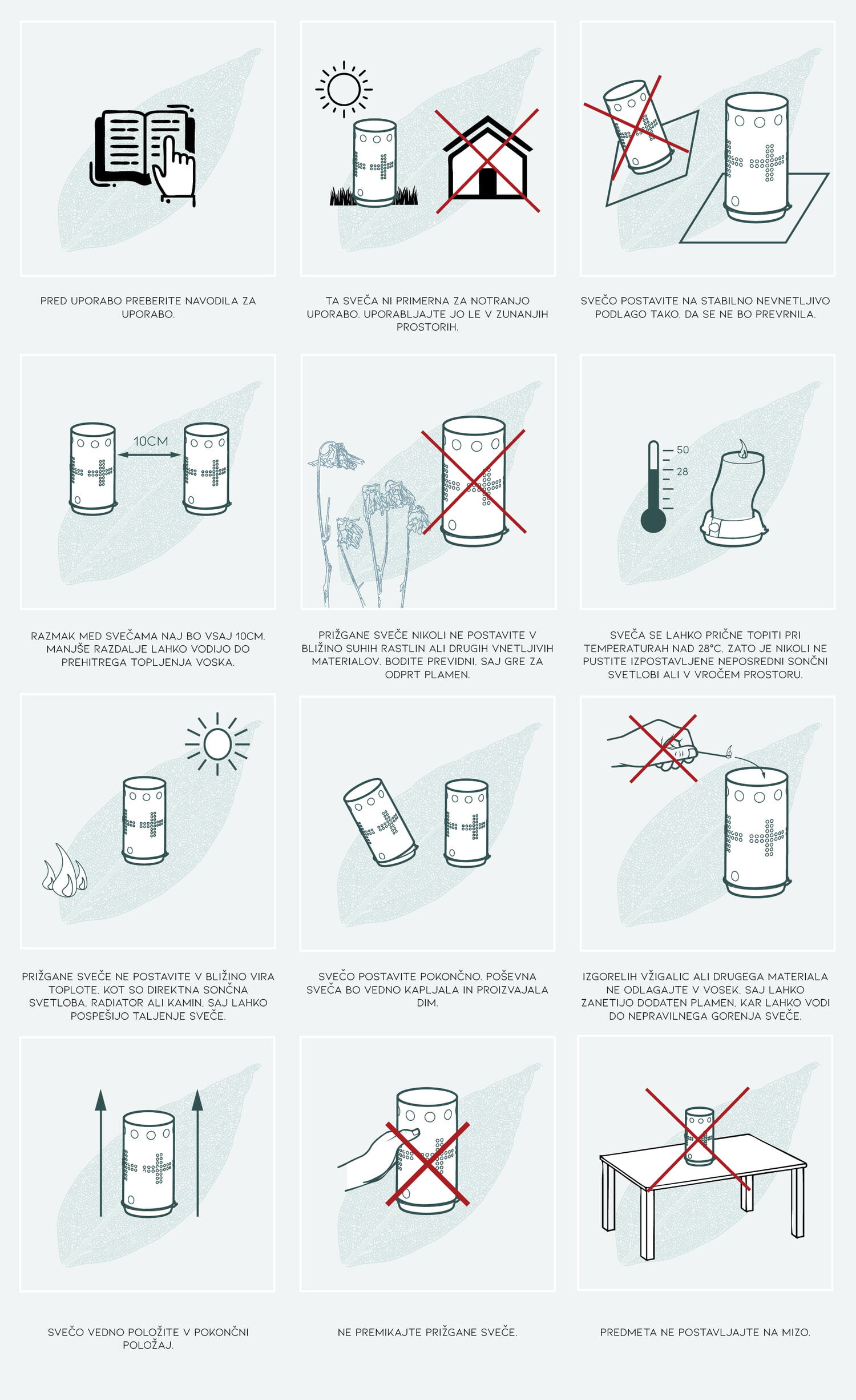 NAGROBNE SVEČE – NAVODILA ZA UPORABO PRIŽIGANJE NAGROBNE SVEČE: Pritisnemo enega od dveh gumbov. Senčnik snamemo z njega in ponovimo na drugem gumbu. Vosek je zavit v celofan, ki ga ne odstranimo Sten prižgemo in na enak način kot smo senčnik sneli, poveznemo nazaj na gumba. Nagrobna sveča je narejena za enkratno uporabo. Stati mora na ravni podlagi. Namenjena je izključno zunanji uporabi. Izdelek je odporen na dež. Med gorenjem je ne prestavljamo. Od gorljivih snovi naj bo umaknjena vsaj 20cm. NAGROBNA BIORAZGRADLJIVA KOMPOSTNA SVEČA EVERGREEN Biorazgradljiva kompostna sveča. Evergreen nagrobna sveča iz lesa slovenskih dreves je 100% biorazgradljiva, zato jo po uporabi lahko zavržemo v BIO zabojnik, po 180 dneh pa za njo ostane le kompost Evergreen biorazgradljiva kompostna sveča, križ Evergreen sveča, narejena v Sloveniji iz lesa slovenskih dreves, je 100% biorazgradljiva – po uporabi jo lahko zavržemo v BIO zabojnik, po 180 dneh pa za njo ostane le kompost. To pomeni, da se poleg ohišja in voska popolnoma razgradijo tudi vse ostale komponente, kot so stenj in njegov držalec. Sestava: Sveča je narejena iz rastlinskega voska, katerega biorazgradljivost je potrdil tudi nacionalni kemijski inštitut v Ljubljani. Podstavek sveče je narejen iz sladkornega trsa in je kot tak popolnoma razgradljiv. Sestavljen je tako, da se odpadni vosek zbira v njegovem dnu, voda v primeru dežja pa odteka ob njegovem robu, kar pomeni da vosek zgori do konca. Ohišje sveče je narejeno iz furnirja lesa slovenskih gozdov. Tanek furnir je osnova za naravno, lepo svetlobo, je oljen in s tem prepušča toplo svetlobo, ter omogoča da material v različnih vremenskih pogojih ostane nespremenjen. Hkrati pa je obdelan tako, da je ognjevaren. Ogenj in sveča sta od nekdaj zgodovinsko povezana s človeštvom. Sveče se uporabljajo ob ritualih in praznovanjih. Naš namen ni ukinjati te navade, temveč vpeljati do okolja prijazne alternative. Podstavek sveče je sestavljen iz popolnoma biorazgradljivega materiala. Odpadni vosek se nabira v njegovem dnu, dež pa odteka ob njegovem robu. To omogoči, da vosek izgori do konca.Sama sveča je narejena iz rastlinskega voska katerega biorazgradljivost je potrdil tudi nacionalni kemijski inštitut v Ljubljani. Ohišje je narejeno iz lesenega furnirja slovenskega porekla. Skozenj sveti naravna, topla svetloba, impregnacija lesa z naravnimi olji pa varuje material pred spremenljivimi vremenskimi razmerami. Predelava slovenskega lesa v končni produkt, in ne samo izvoz surovine brez dodane vrednosti, predstavlja doprinos našega podjetja slovenski lesni industriji.