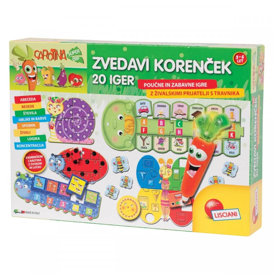 Lisciani zvedavi korenček - Izvirni komplet poln interaktivnih iger!V kompletu Zvedavi korenček je 20 poučnih in zabavnih iger. Na hrbtni strani posameznega