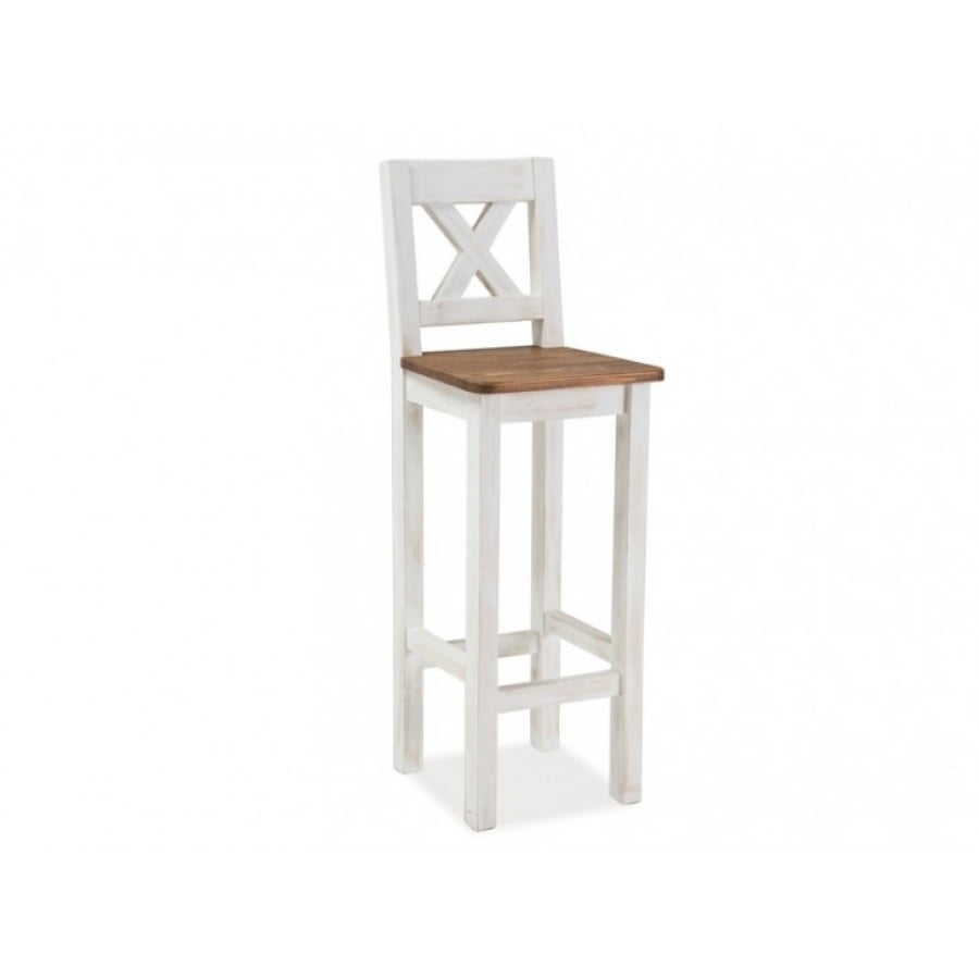 Masiven in udoben barski stol POP. Stol je narejen iz masivnega lesa. Dobavljiv je v barvi kot na sliki. Barva: - Bela / hrast Materijal: - masiven les