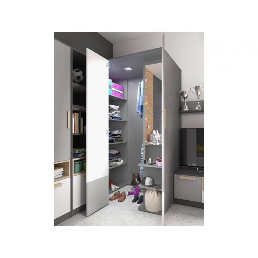 Dvokrilna garderobna omara SIVKO - desna je omara z dvema prečkama, knjižna polica s policami, toaletna miza in samodejna LED osvetlitev. Desna stran pomeni