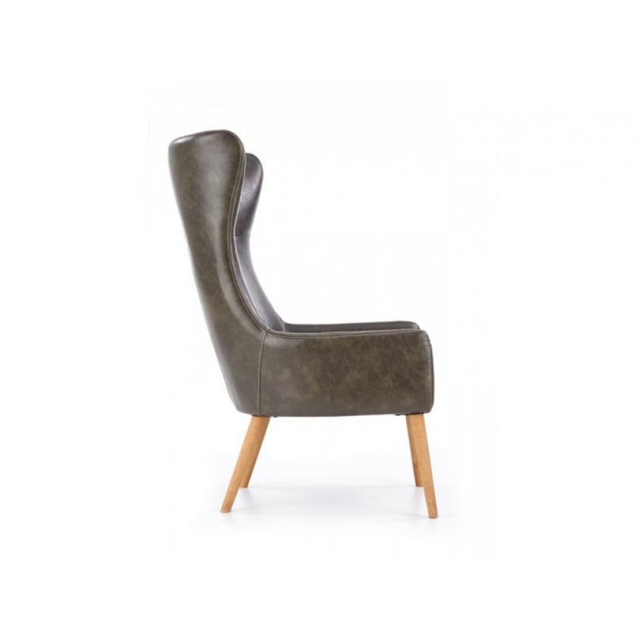Fotelj AVARO 2 je elegantein in stabilen. Narejen je iz gumjastega masivnega lesa, oblečen v temno zeleno umetno usnje. - Š: 71 cm - V: 106 cm - G: 81 cm - V