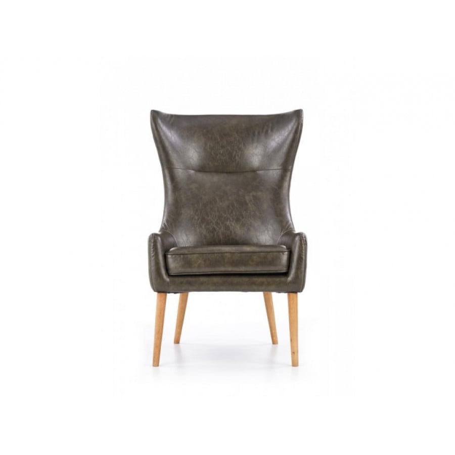Fotelj AVARO 2 je elegantein in stabilen. Narejen je iz gumjastega masivnega lesa, oblečen v temno zeleno umetno usnje. - Š: 71 cm - V: 106 cm - G: 81 cm - V