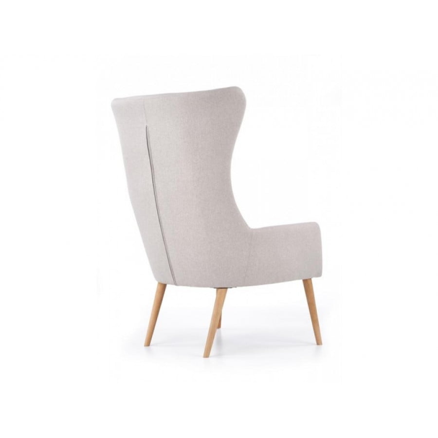 Fotelj AVARO je elegantein in stabilen. Narejen je iz gumjastega masivnega lesa, oblečen v svetlo sivo blago. - Š: 71 cm - V: 106 cm - G: 81 cm - V do