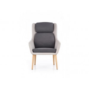 Fotelj NELSON 2 je elegantein in stabilen. Narejen je iz gumjastega masivnega lesa, oblečen v svetlo sivo blago. Blazine so narejene iz blaga v temno sivi