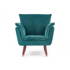 Fotelj RUBEN je elegantein in stabilen. Narejen je iz gumjastega masivnega lesa, oblečen v temno zeleno blago ali modro. Noge fotelja so v barvi temnega oreha