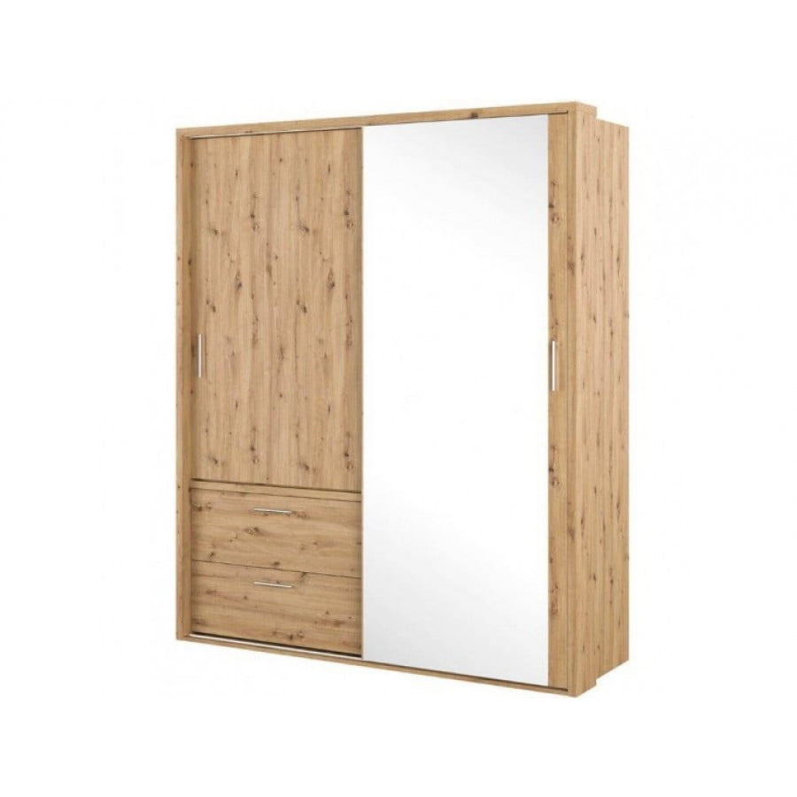 Garderobnao mara KLARA je dvokrilna garderobna omara z ogledalom, dvema palicama, dvema predaloma, policami in osvetlitvijo. En del na sprednji strani ima