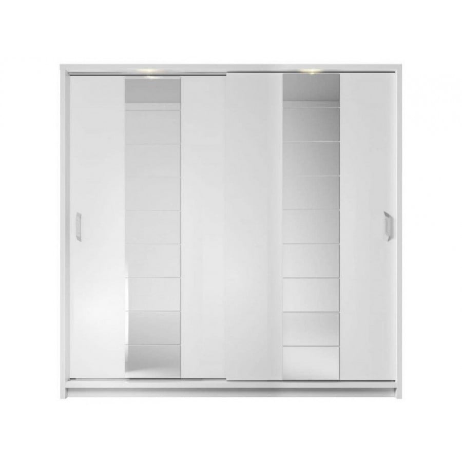 Garderobna omara KREŠO 8 ima dvojna drsna vrata, ogledali in vgrajeno osvetlitev. Opremljena je z dvema prečkama za obešalnike in dvema notranjima policama