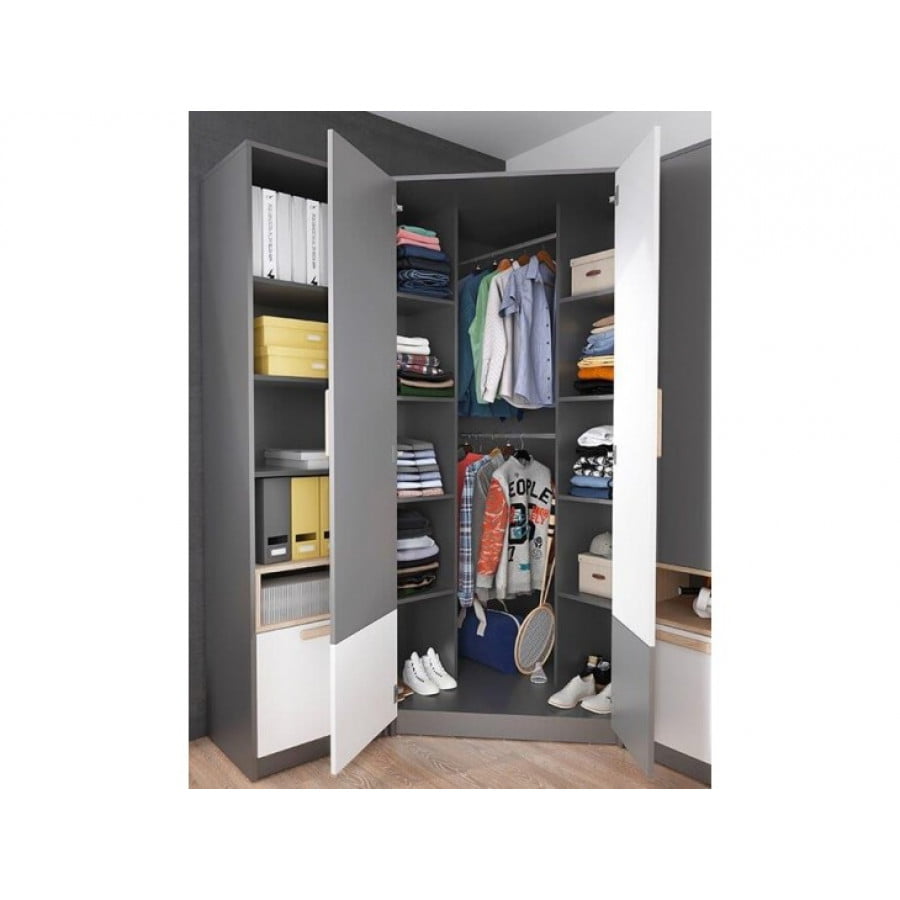 Dvokrilna kotna garderobna omara SIVKO vsebuje dve polici in dve knjižni omari s policami. Je kot nalašč za otroško ali najstniško sobo vseh časov.Je v