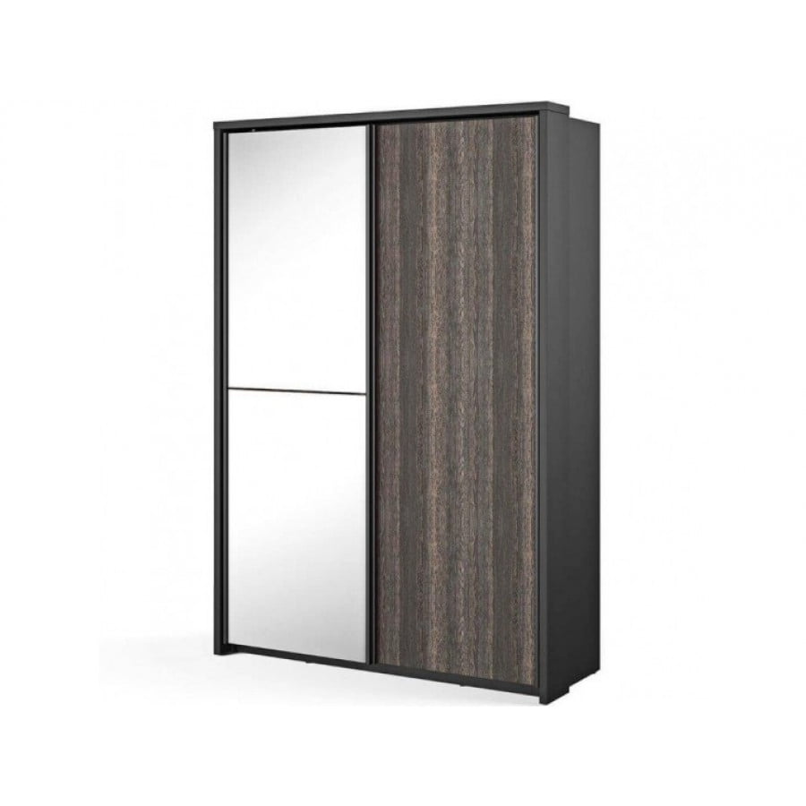 Garderobna omara TAI je dvokrilna garderobna omara z ogledalom, dvema policama in policami. Omara je dostopna v elegantni temni barvi, ki je primerna za vsako