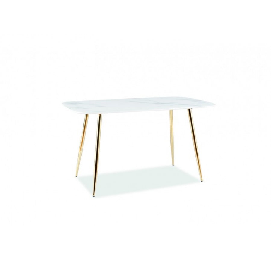 Jedilna miza IZABELA je privlačna, elegantna in uporabna. Izgled marmorja ustvarja skupaj z zlatimi nogicami občutek razkošja v prostoru in se odlično