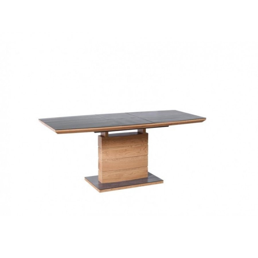 Moderna miza KONRAD je dobavljiva v barvi zlatega hrasta, plošča mize in podnožje pa sta v temno sivi barvi. . Mizna plošča je narejena iz laminiranega