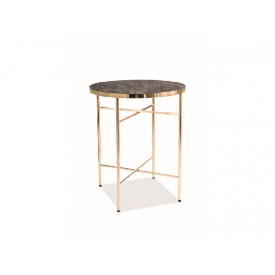 Moderna klubska mizica BIBA gold 2 je kvalitetna ter stabilna in primerna za vsako dnevno sobo. Mizna plošča je narejena iz kaljenega stekla z marmornim