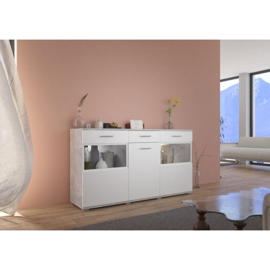 Uporabna in praktična komoda BLU 2. Primerna je za dnevne sobe in jedilnice. Barva: - bela / beton Dimenzija: Širina: 153,6 cm Višina: 85,8 cm Globina: 40,2