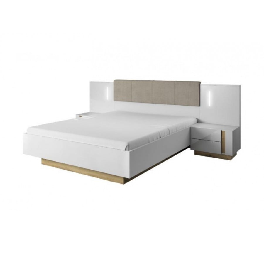 Elegantna in moderna spalnica NANCY je narejena iz odličnih materialov v bela visoki sijaj/hrast dekorju. Sestavljena je iz štiri delne omare, postelje z