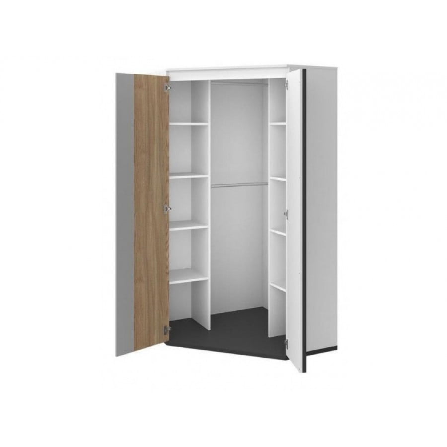Kotna garderobna omara MELI je stilsko moderna, a hkrati praktična omara. Primerna je za vsako mladinsko sobo. Material: - Laminirana plošča - Leseni