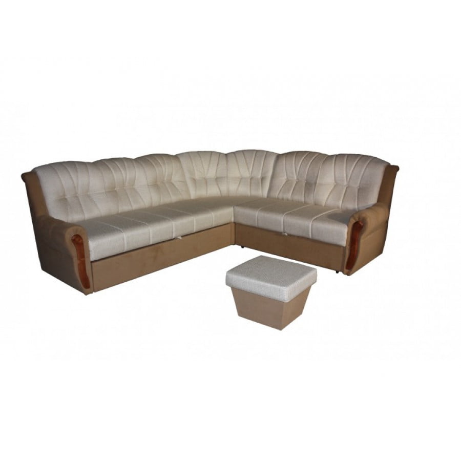 Klasična sedežna garnitura z lesenim dekorativom v rokonaslonu in funkcijo postelje s predalom. Narejena je iz trpežnega materiala. Dimenzije: 280 x 240 x