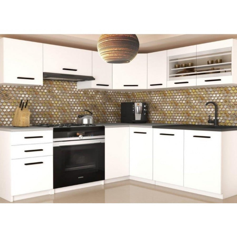 Eleganten kotni kuhinjski blok VENERA 2 , ki bo zagotovo osvežil vašo kuhinjo. Dobavljiv je v treh različnih barvah kuhinjskih elementov. Delovni pult ni v