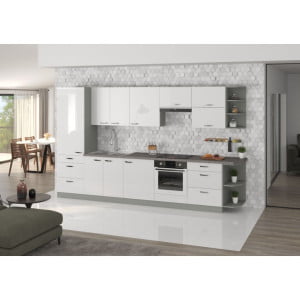 Kuhinjski blok ELITE 350 cm je dobavljiv v več barvah. Debelina delovnega pulta je 28 mm. Kuhinja je izdelana iz oplemenitenih ivernih plošč debeline 16 mm