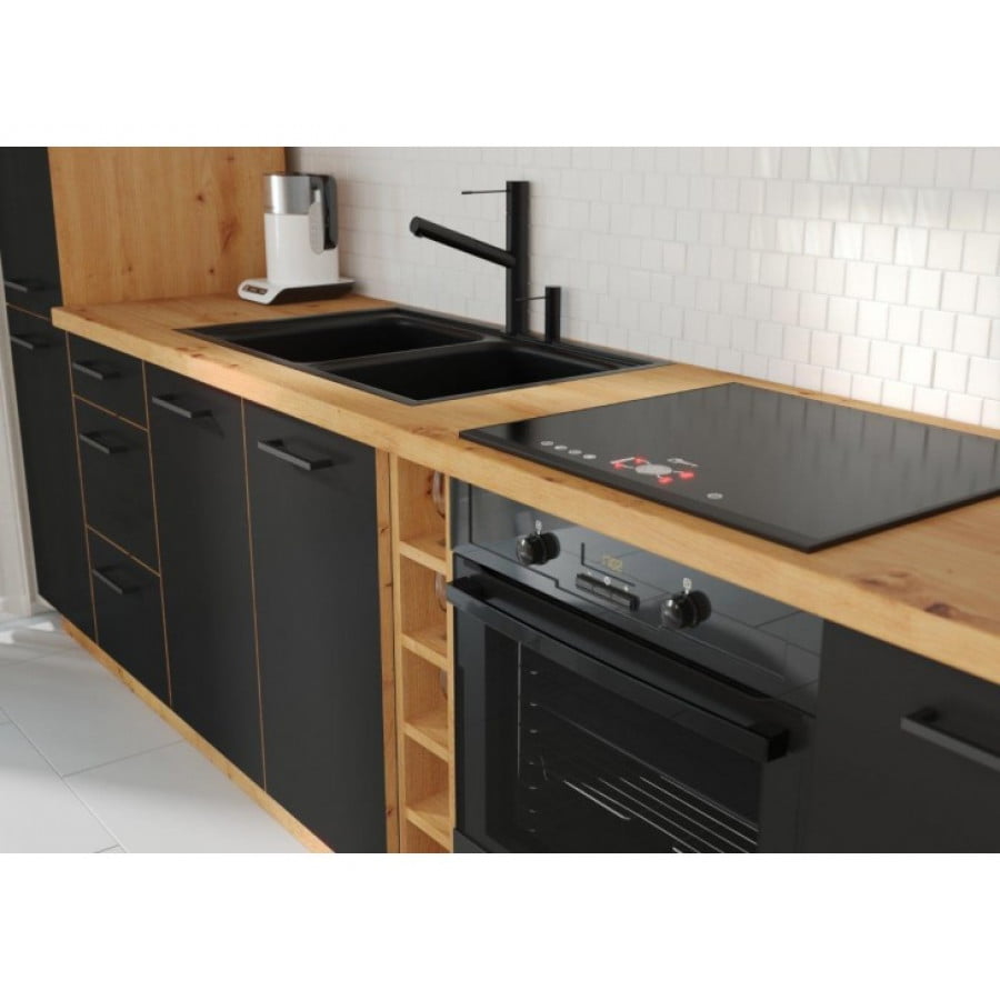 Kuhinjski blok ENA 315 cm je kuhinja v barvi črne mat in artisan hrasta. Narejena je iz laminirane plošče (16 mm) in melamina. Plošča je zaščitena pred