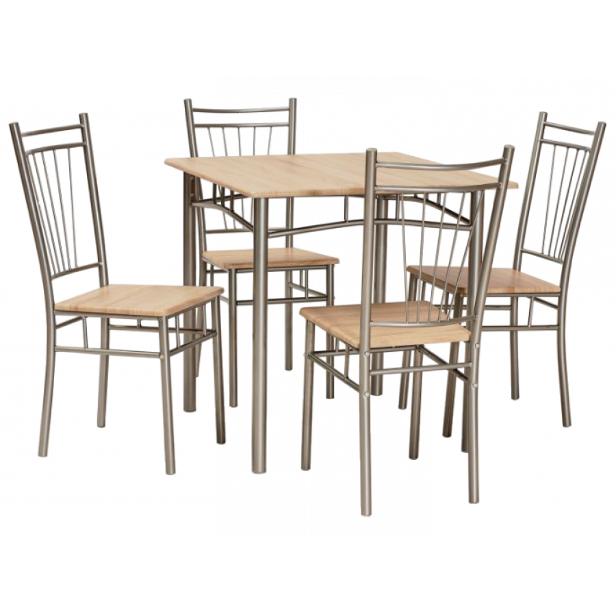 Kuhinjska garnitura sestavljena iz mize in štirih stolov. Ogrodje stola in mize je kovinsko. Sedalni del in mizna plošča pa so v MDF-ju in sonoma barvi.