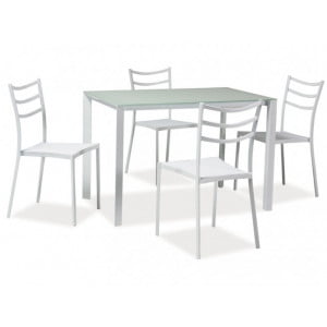 Kuhinjska garnitura sestavljena iz mize in štirih stolov. Ogrodje stola in mize je kovinsko. Sedalni del je v beli barvi, mizna plošča je steklena in je