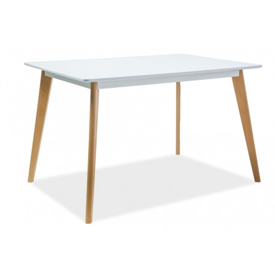 Moderna miza LAND. Dobavljiva v beli barvi. Mizna plošča je napravljena iz MDF. Podnožje mizne plošče je napravljeno iz bukovega lesa. Miza je kvalitetna