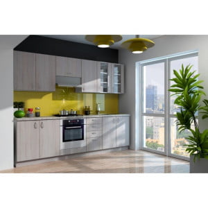 Kuhinjski blok ARA 260 cm je dobavljiva v sonoma/beli barvi. Debelina delovnega pulta je 28 mm. Kuhinja je izdelana iz oplemenitenih ivernih plošč debeline