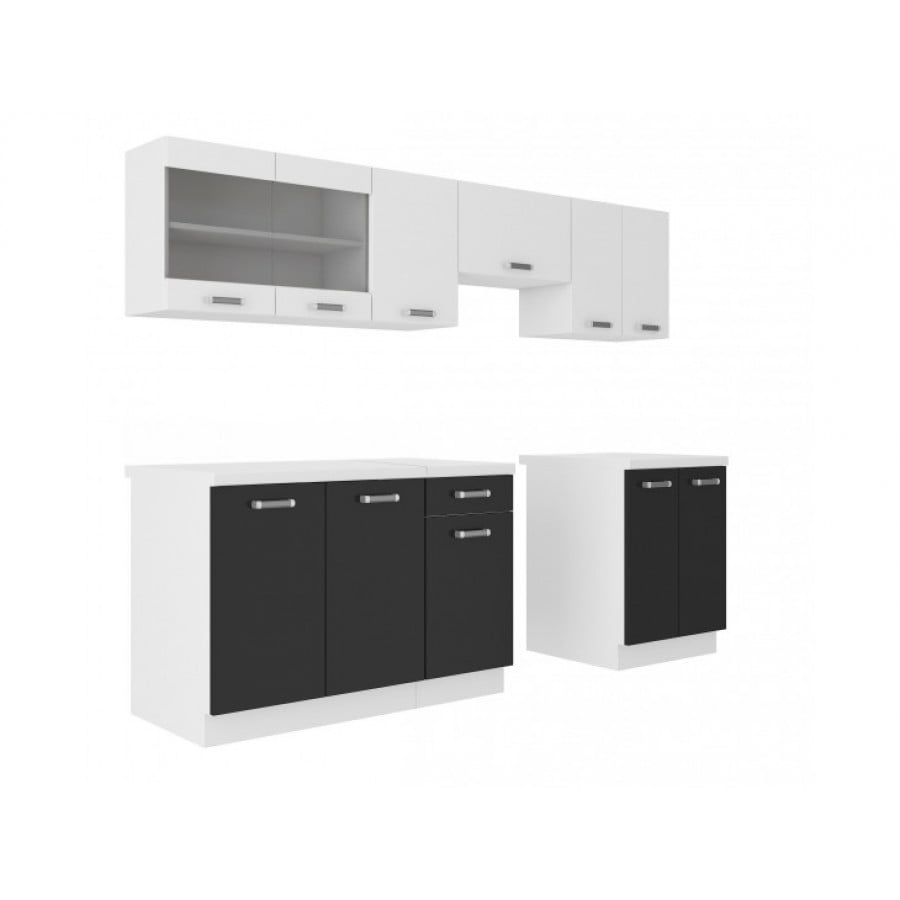 Kuhinjski blok DELTA 2 240 cm je dobavljiva v črnobeli mat barvi. Korpusi so iz laminirane plošče debeline 18 mm. Vrata steklene viseče omarice so iz