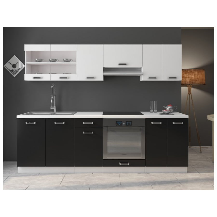 Kuhinjski blok DELTA 240 cm je dobavljiva v črno- beli barvi. Korpusi so iz laminirane plošče debeline 18 mm. Vrata steklene viseče omarice so iz kaljenega