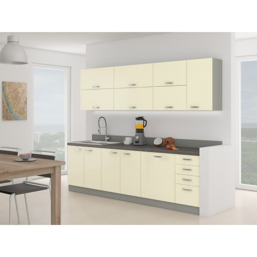Kuhinjski blok ELITE 260 cm je dobavljiv v več barvah. Debelina delovnega pulta je 28 mm. Kuhinja je izdelana iz oplemenitenih ivernih plošč debeline 16 mm