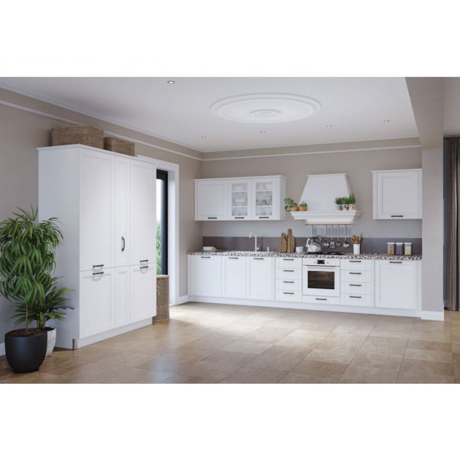 Kuhinja EMA je moderna, rustikalna in kvalitetno narejena kuhinja. Dobavljiva je v beli barvi. Kuhinja ima mehko zapiranje predalov in vrat. Fronte kuhinje so