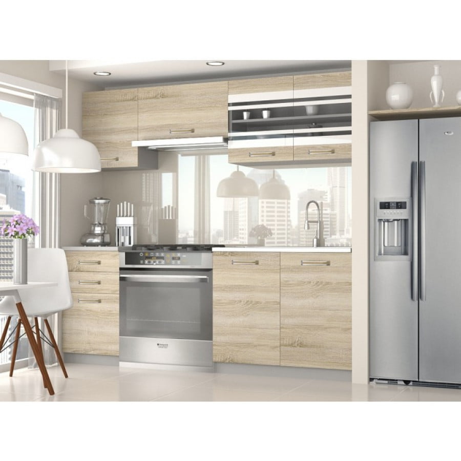 Moderno oblikovan kuhinjski blok LAGOS 180. Dobavljiv je v dveh barvah kuhinjskih elementov. Debelina kuhinjskega pulta je 3cm. Možnost je naročiti sistem za