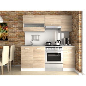 Kuhinjski blok LAVA 180 cm je dobavljiva v sonoma/beli barvi. Korpusi so iz laminirane plošče debeline 18 mm. Vrata steklene viseče omarice so iz kaljenega
