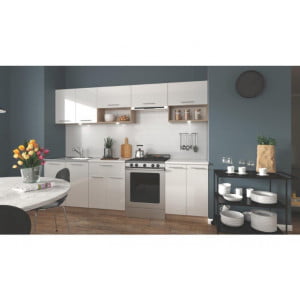 Kuhinjski blok NAJA 260 cm je dobavljiv v bela sijaj/sonoma barvi. Korpusi so iz laminirane plošče debeline 16 mm. Laminirane plošče so najpogosteje izbran