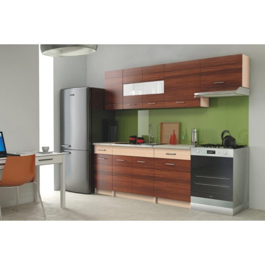 Kuhinjski blok NALINA 240 cm je dobavljiv v svetlo/temni barvi hrasta. Korpusi so iz laminirane plošče debeline 16 mm. Laminirane plošče so najpogosteje