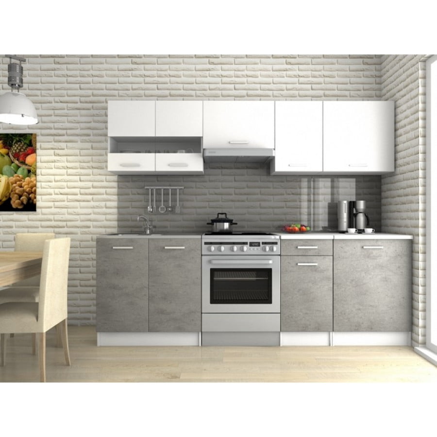 Kuhinjski blok PAMI 240 cm je dobavljiva v beli/beton barvi. Korpusi so iz laminirane plošče debeline 18 mm. Kuhinja ima ABS rob. Ročaji so iz pvc-ja. Pult