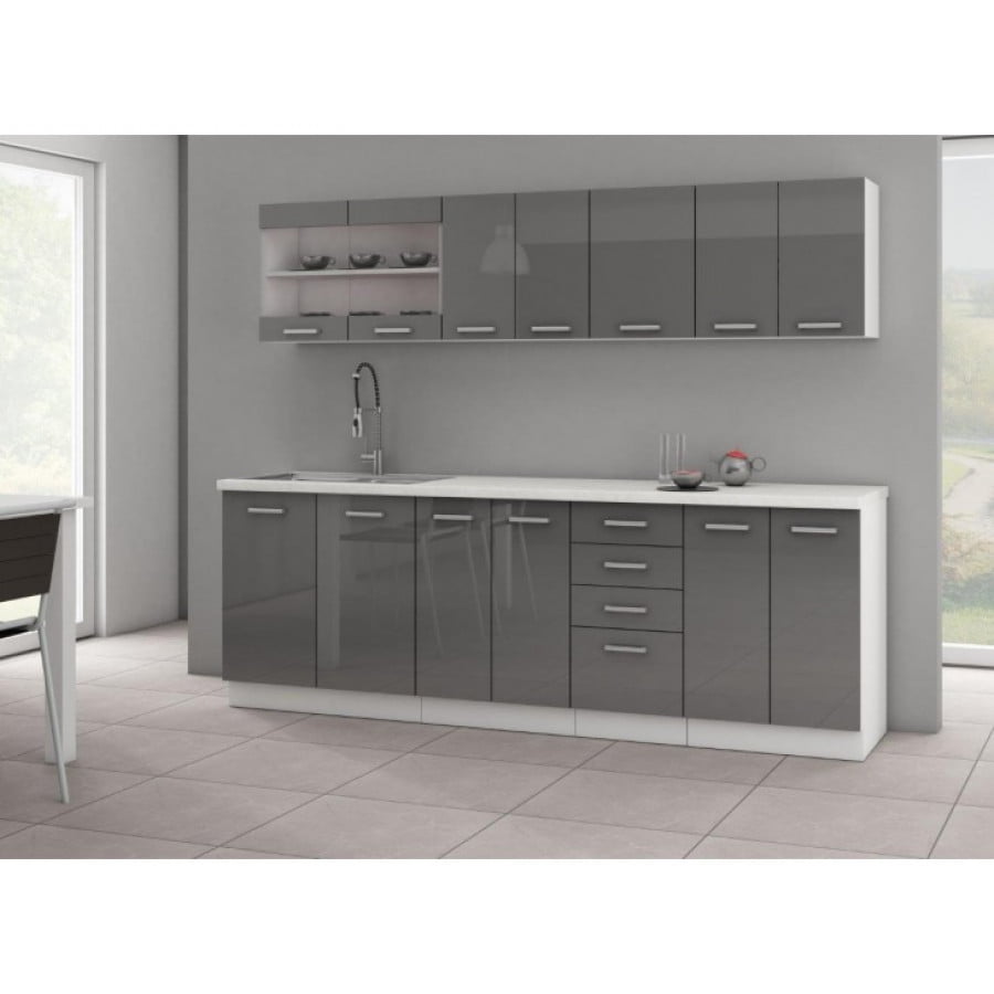 Kuhinjski blok SONJA 240 cm je dobavljiva v belo sivi kombinaciji. Korpusi so iz laminirane plošče debeline 18 mm. Vrata steklene viseče omarice so iz