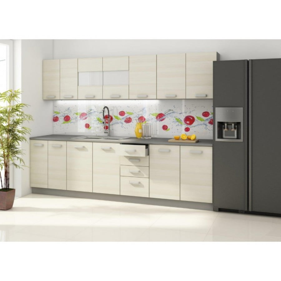 Kuhinjski blok STELLA 2 260 cm je dobavljiva v krem barvi. Debelina delovnega pulta je 28 mm. Kuhinja je izdelana iz oplemenitenih ivernih plošč debeline 16