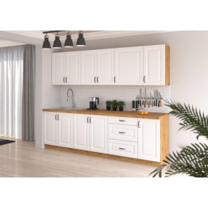 Kuhinjski blok STIL 260 cm je dobavljiva v beli barvi. Debelina delovnega pulta je 38 mm. Fronte kuhinje imajo MDF rob. Kuhinja je izdelana iz oplemenitenih