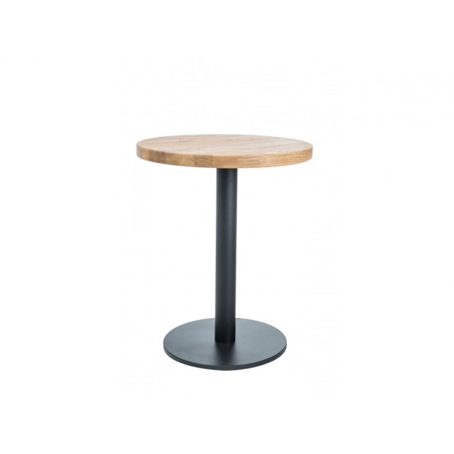 Okrogla jedilna mizica RUO 2 vas bo prepričala s svojo kvaliteto in stabilnostjo. Mizna ploša je narejena iz masivnega hrastovega lesa, podnožje pa je