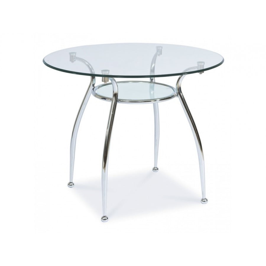 Moderna miza ZIVA. Mizna plošča je napravljena iz kaljenega stekla. Podnožje mizne plošče je napravljeno iz kovine v srebrni ali transparentni barvi. Miza