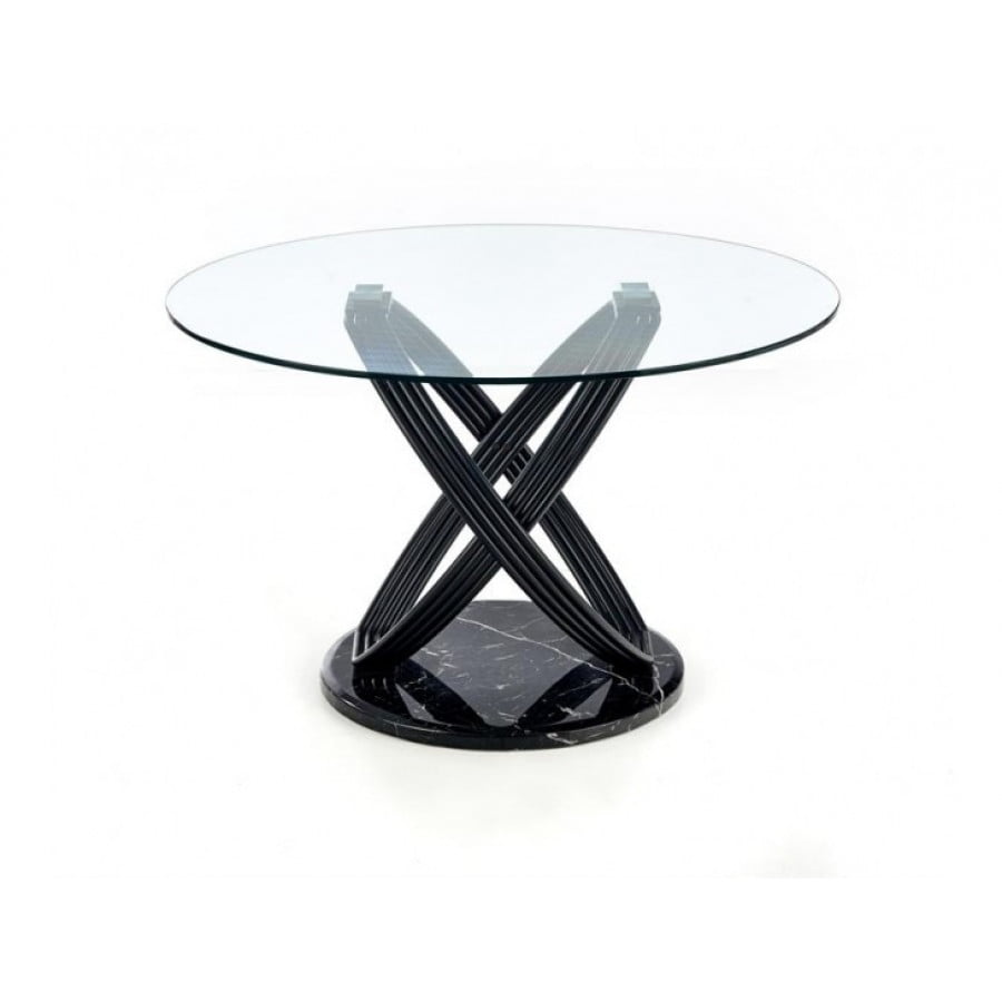 Okrogla miza PTICA je atraktivna in sodobna miza iz stekla. Podnožje je iz kvalitetne kovine v črni barvi. Dimenzije: - Fi122 x V: 77 cm Material: - Steklo /