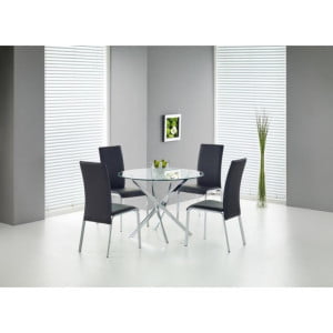 Okrogla miza RAMONDO je atraktivna in sodobna miza iz stekla. Podnožje je iz kvalitetne kovine v črni barvi.