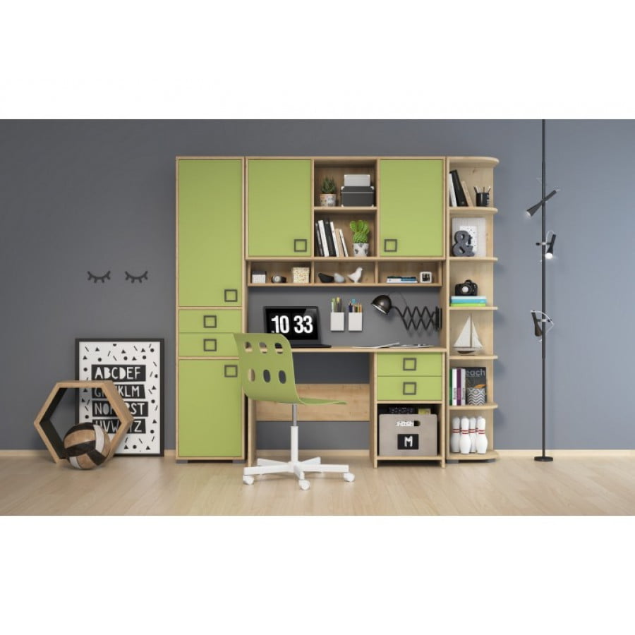 HAJDI 2 je moderna otroška soba, ki ima veliko prostora za shranjevanje stvari in udobje vašega otroka, obenem pa je v kompletu še pisarniška miza s