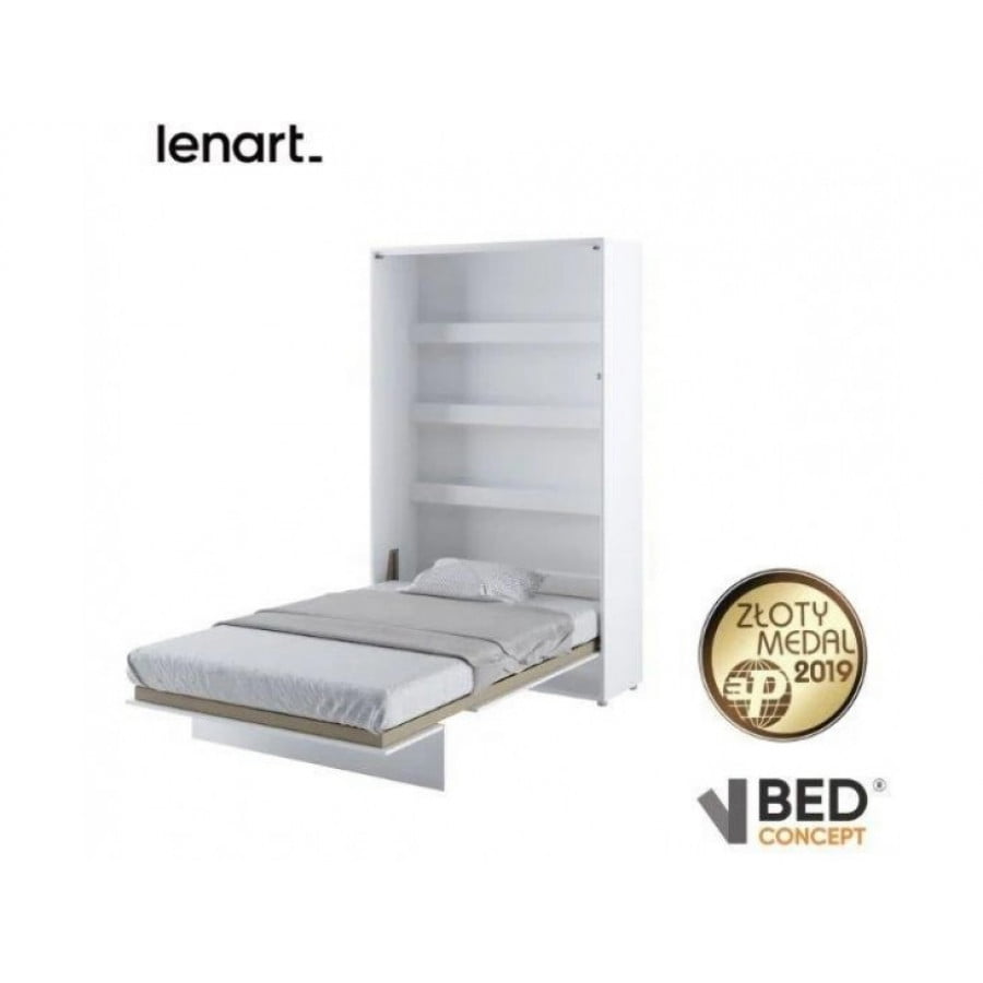 Navpična stenska postelja METULJ je primerna za vzmetnico 120 cm širine. Opremljena je z dodatnimi notranjimi policami. Primerna je tudi za majhno
