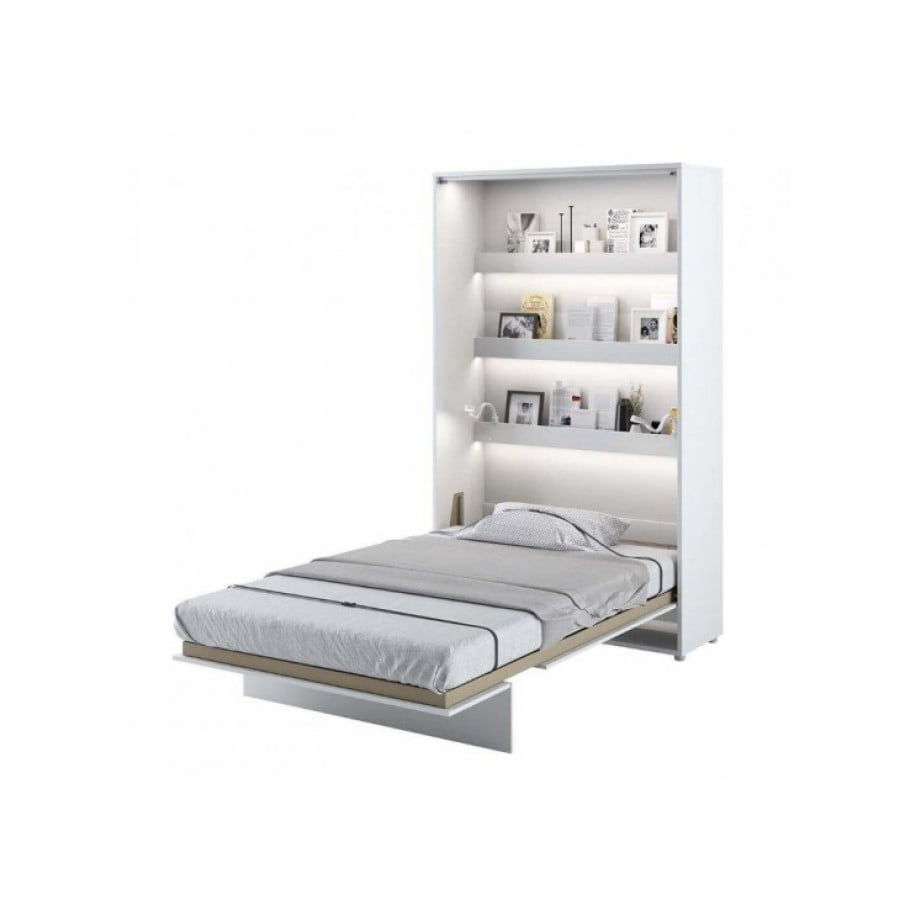 Navpična stenska postelja METULJ je primerna za vzmetnico 120 cm širine. Opremljena je z dodatnimi notranjimi policami. Primerna je tudi za majhno