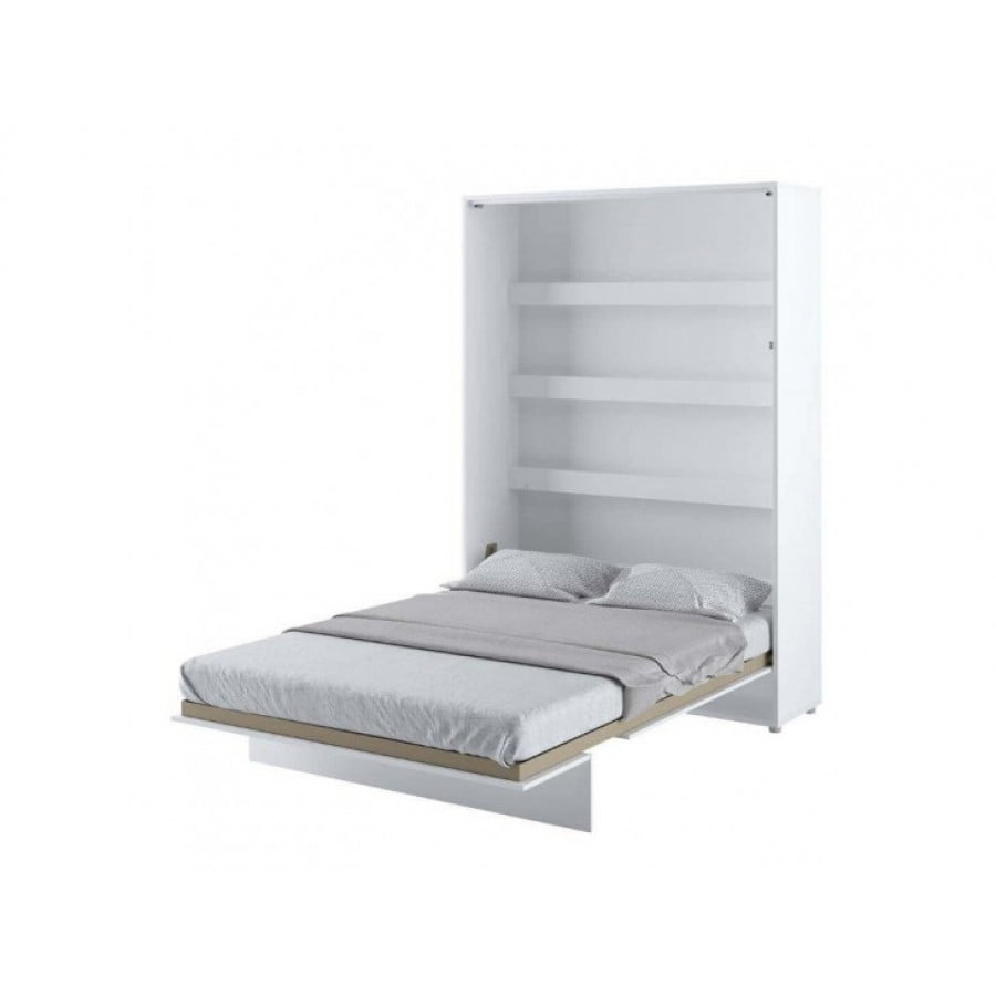 Navpična stenska postelja METULJ je primerna za vzmetnico 140 cm širine. Opremljena je z dodatnimi notranjimi policami. Primerna je tudi za majhno