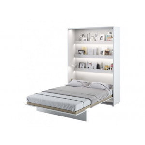 Navpična stenska postelja METULJ je primerna za vzmetnico 140 cm širine. Opremljena je z dodatnimi notranjimi policami. Primerna je tudi za majhno
