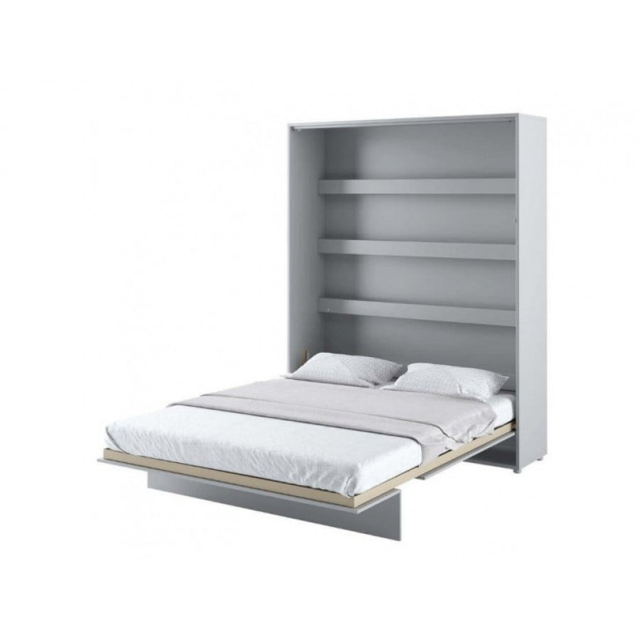 Navpična stenska postelja METULJ je primerna za vzmetnico 160 cm širine. Opremljena je z dodatnimi notranjimi policami. Primerna je tudi za majhno