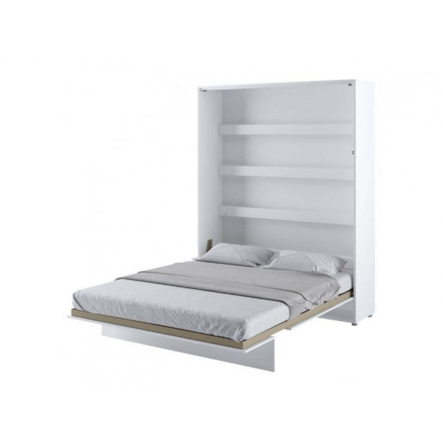 Navpična stenska postelja METULJ je primerna za vzmetnico 160 cm širine. Opremljena je z dodatnimi notranjimi policami. Primerna je tudi za majhno